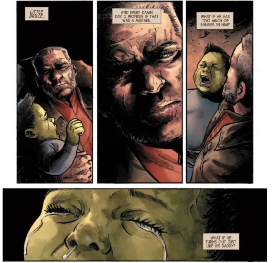In a Dystopian Future of Old Man Logan She-Hulk Had Babies with his cousin Bruce Banner a.k.a The Hulk