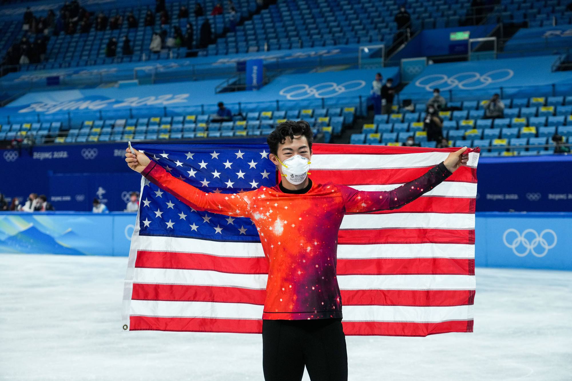 Nathan Chen of the U.S. celebrates after winning the gold medal in the free skating portion of the menÕs single skating event at the 2022 Winter Olympics in Beijing, on Thursday, Feb. 10, 2022. (Hiroko Masuike/The New York Times)