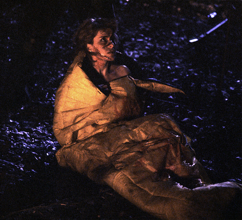 Trapped upside-down in a sleeping bag and roasted to death over a campfire [Friday the 13th (2009)]